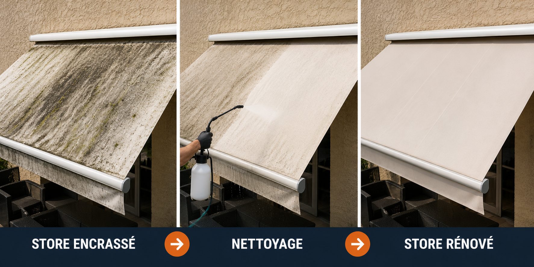 Avant apr&egrave;s nettoyant r&eacute;novateur store banne auvent b&acirc;che